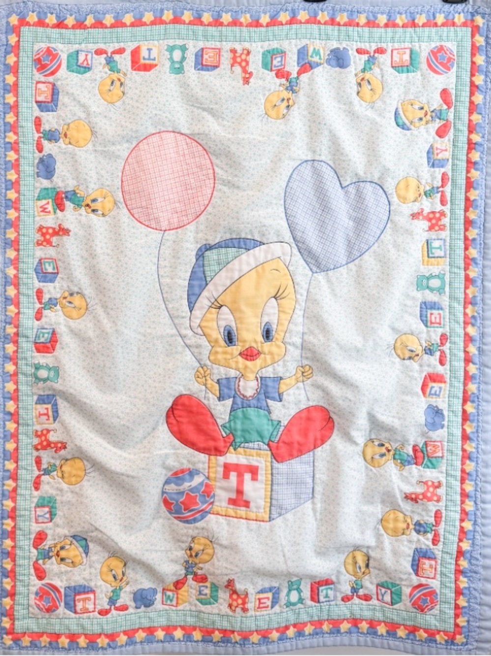 Vtg 1988 Warner Bros Tweety Bird Blocks Baby Quilt Blue 80s 34x43.5